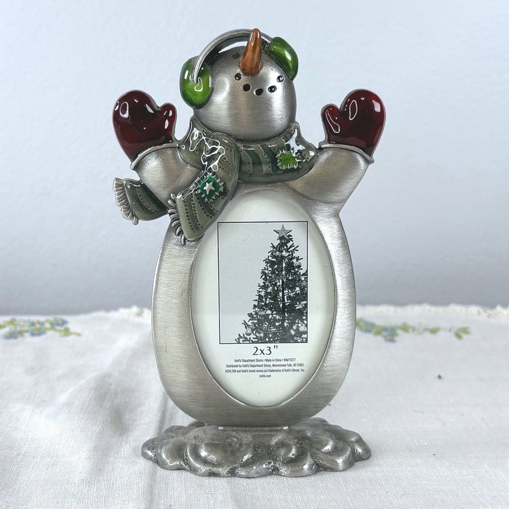 Snowman Pewter Finish Metal 2x3 Picture Frame Holiday Christmas Decor